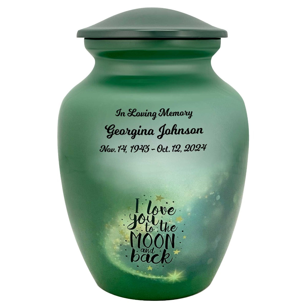 I Love You To The Moon And Back Medium Cremation Urn - Tribute Wreath™ Option - Pro Sand Carved Engraving