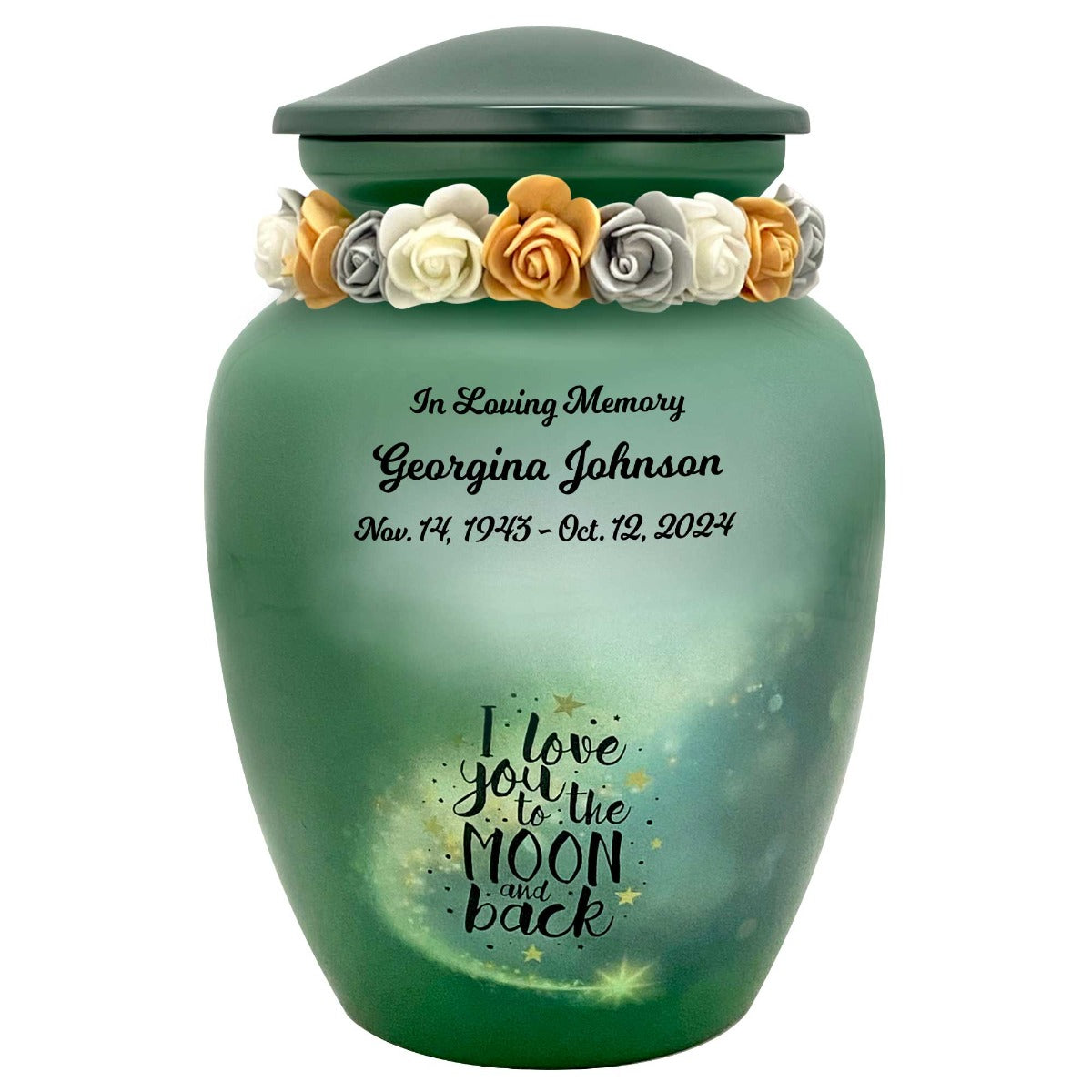 I Love You To The Moon And Back Medium Cremation Urn - Tribute Wreath™ Option - Pro Sand Carved Engraving