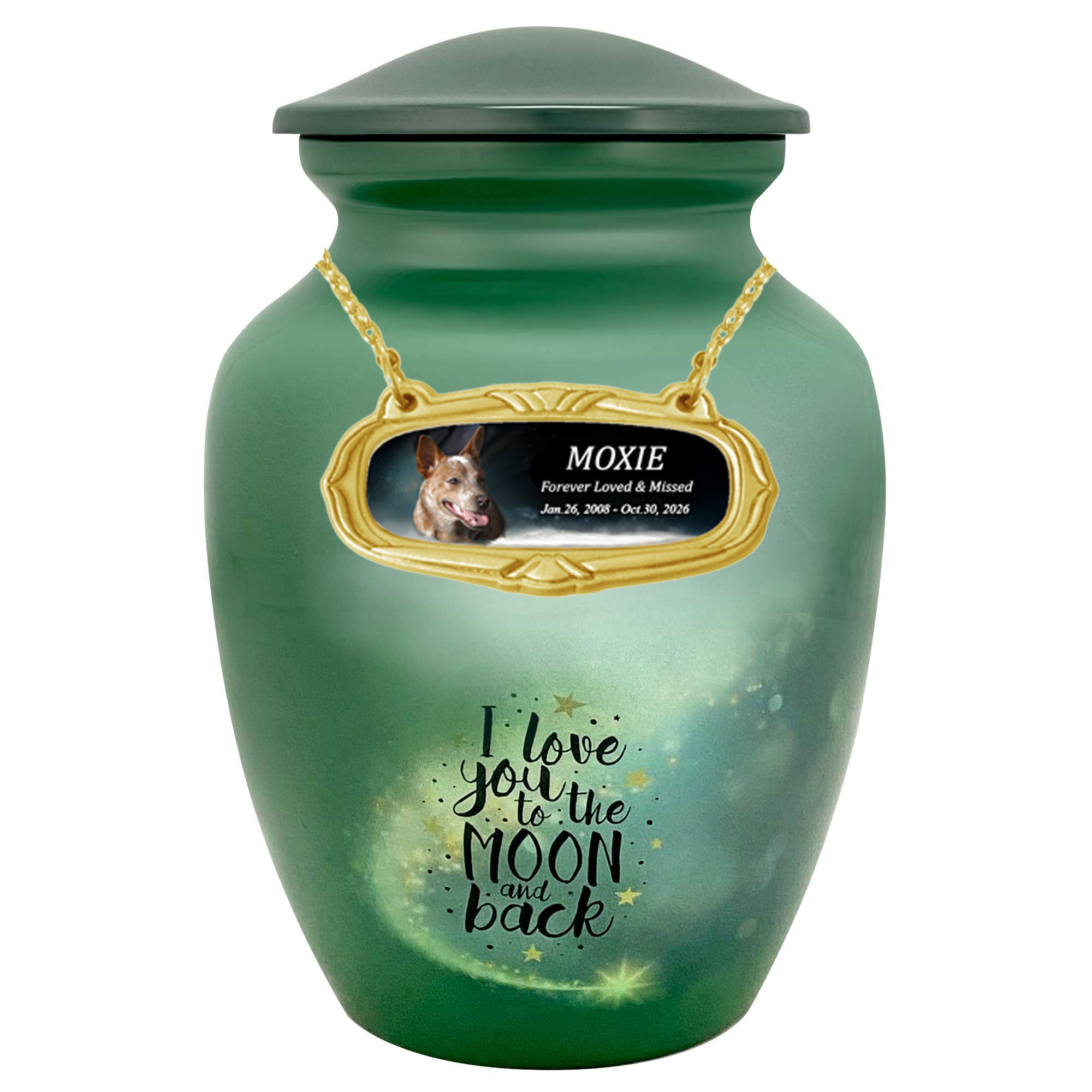 Dog Love You Moon And Back Urn Photo Plate - Engraved Plate and Dog Bone Tag Options