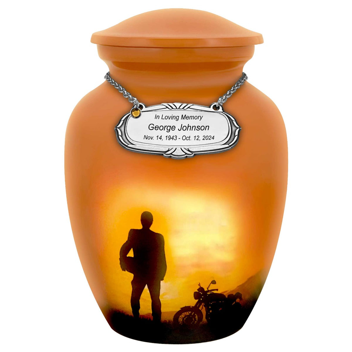 Motorcycle Rider Silhouette Medium Urn - Tribute Wreath Option™ - Pro Sand Carved Engraving