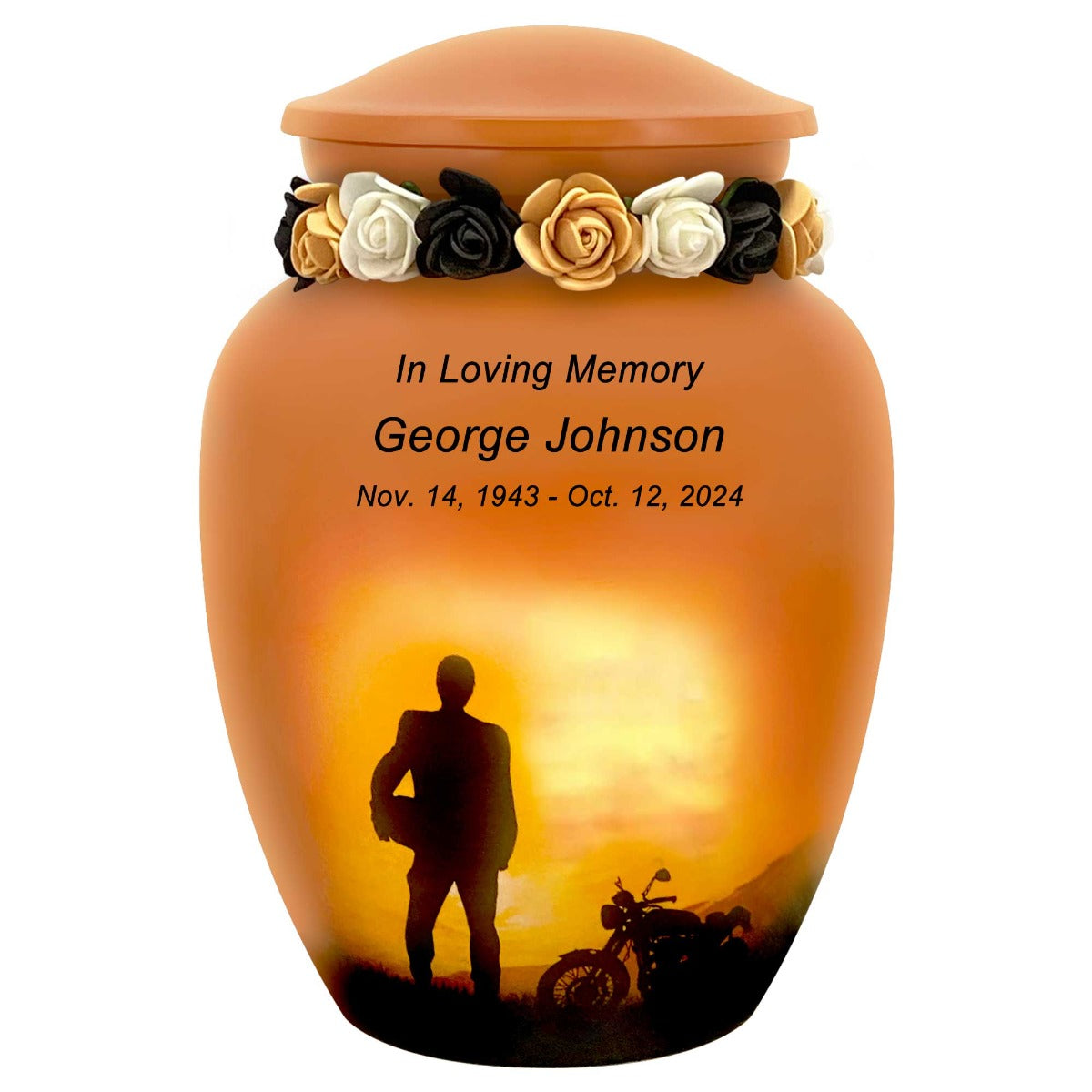 Motorcycle Rider Silhouette Medium Urn - Tribute Wreath Option™ - Pro Sand Carved Engraving