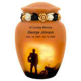 Motorcycle Rider Silhouette Medium Urn - Tribute Wreath Option™ - Pro Sand Carved Engraving