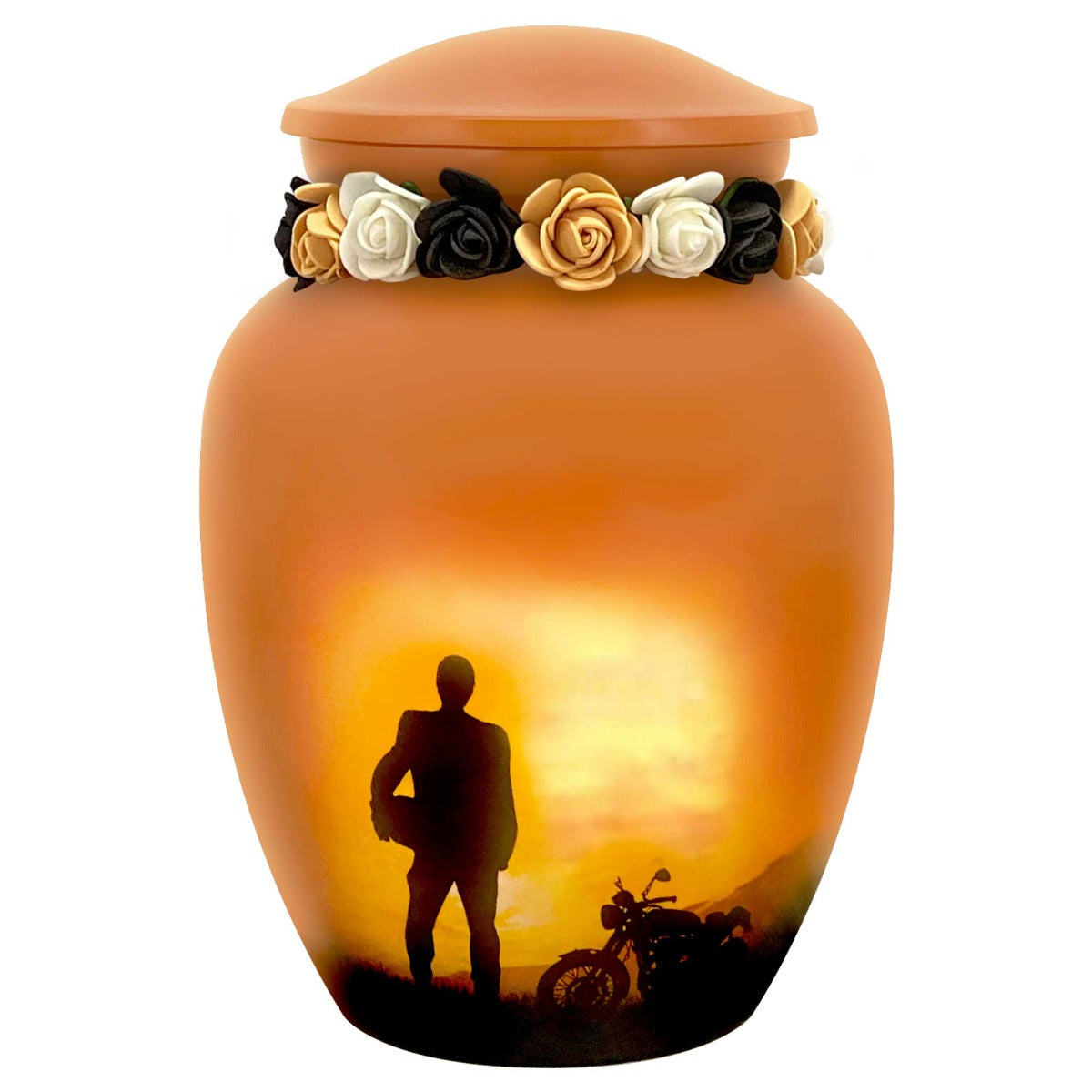 Motorcycle Rider Silhouette Medium Urn - Tribute Wreath Option™ - Pro Sand Carved Engraving