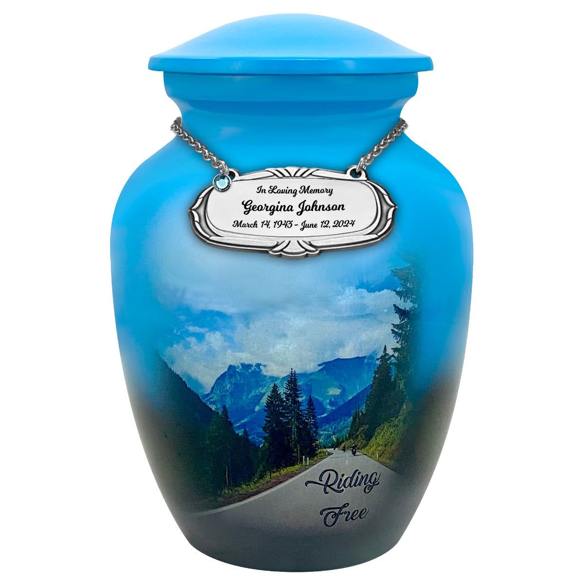 Riding Free Medium Cremation Urn - Tribute Wreath™ Option - Pro Sand Carved Engraving