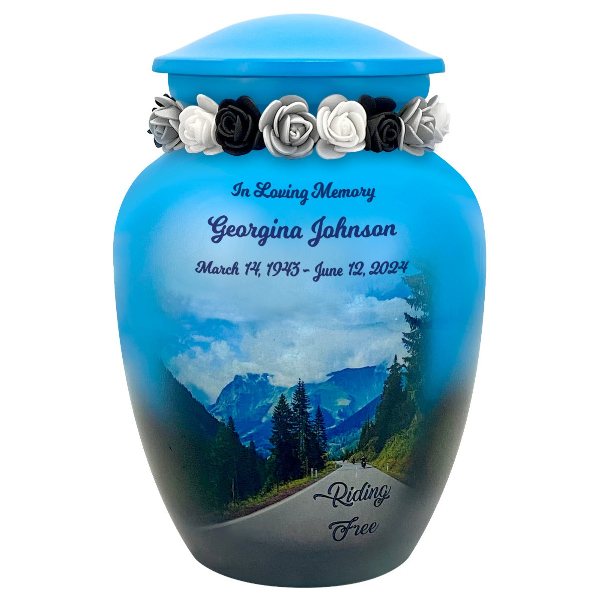 Riding Free Medium Cremation Urn - Tribute Wreath™ Option - Pro Sand Carved Engraving