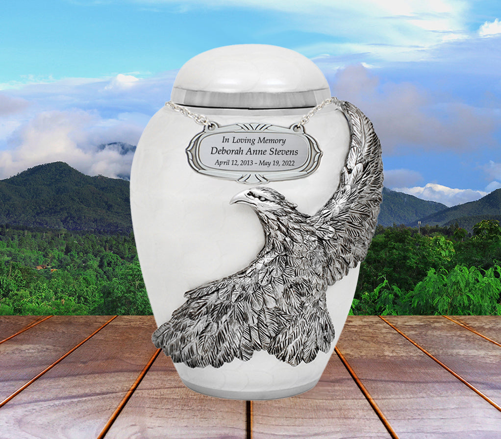 Child On Eagle's Wings White Urn - Pro Laser Engraving