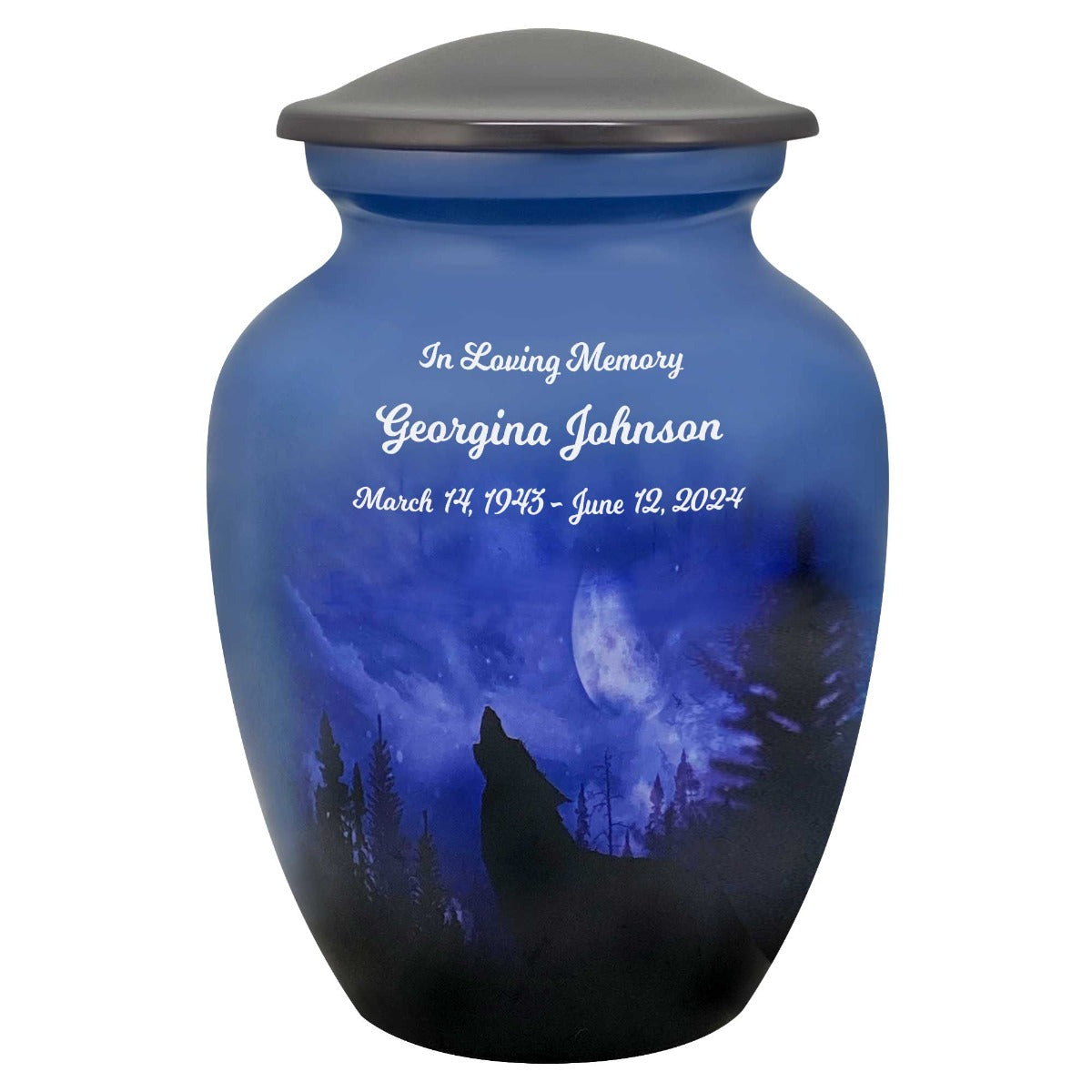 Winter Wolf Moon Medium Cremation Urn - Tribute Wreath™ Option - Pro Sand Carved Engraving