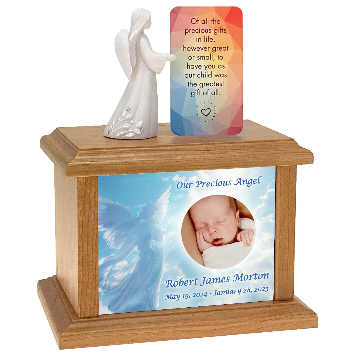 Heavenly Child Photo Urn Memorial Card and Angel Card Holder Options - Keep The Memory® Child Urn - Handcrafted Photo Hardwood Urn 