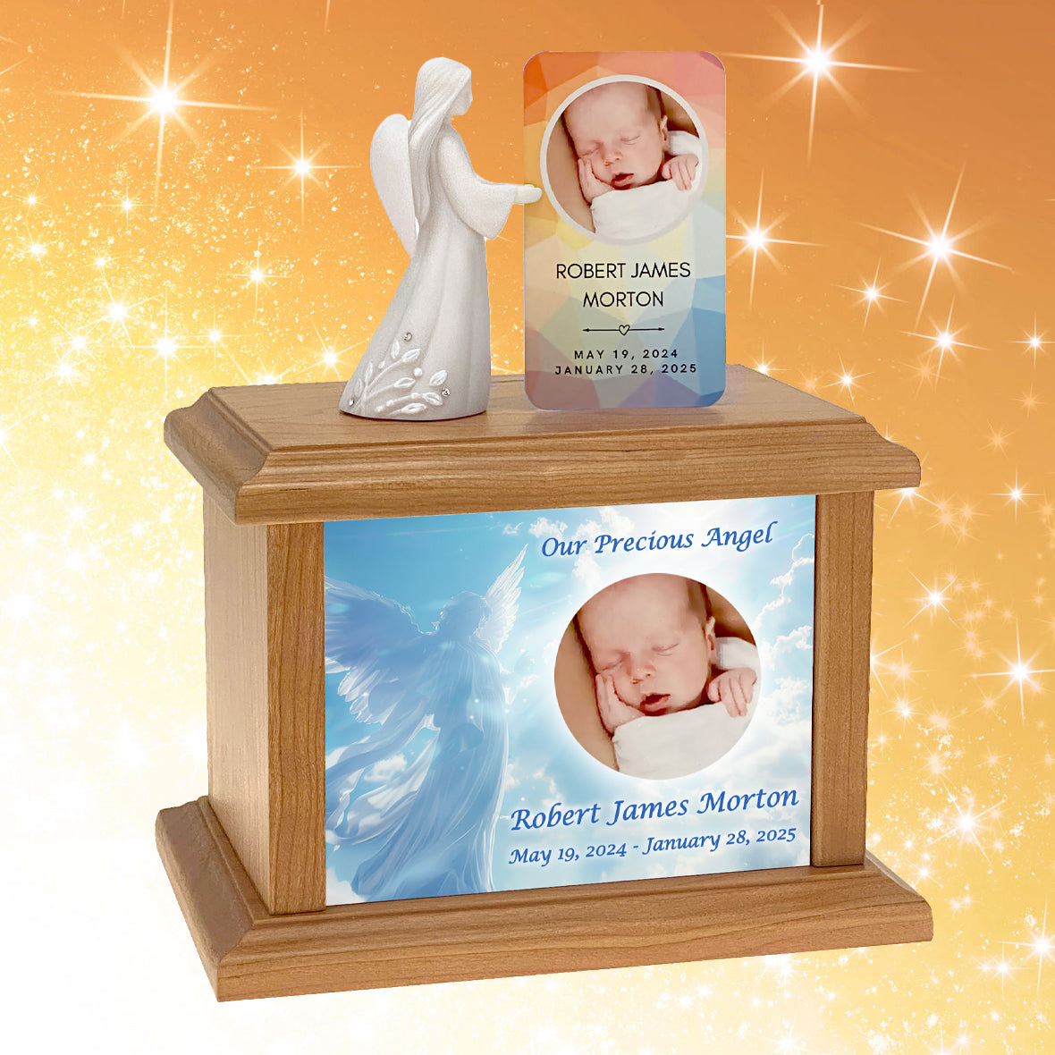 Heavenly Child Photo Urn Memorial Card and Angel Card Holder Options - Keep The Memory® Child Urn - Handcrafted Photo Hardwood Urn 
