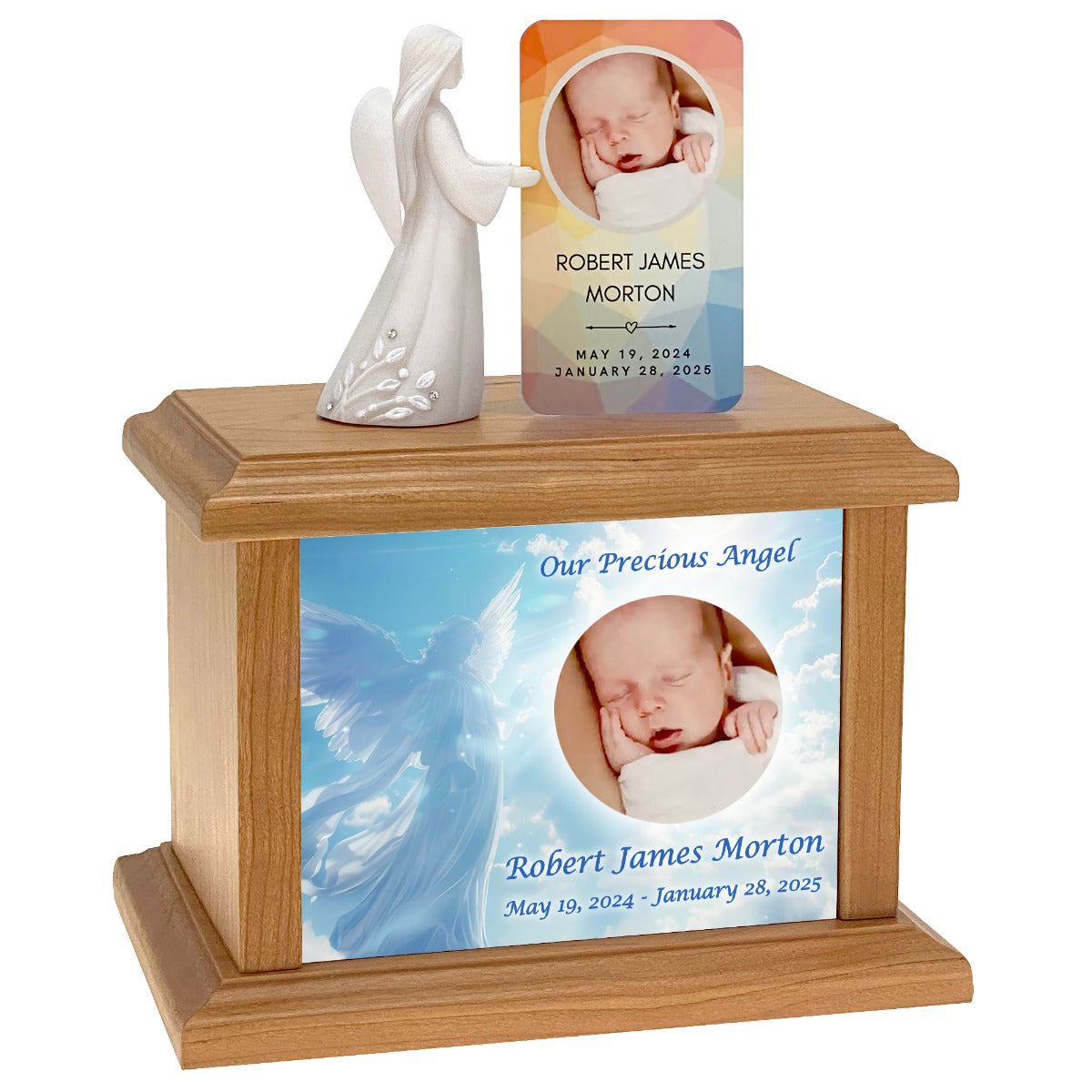 Heavenly Child Photo Urn Memorial Card and Angel Card Holder Options - Keep The Memory® Child Urn - Handcrafted Photo Hardwood Urn 