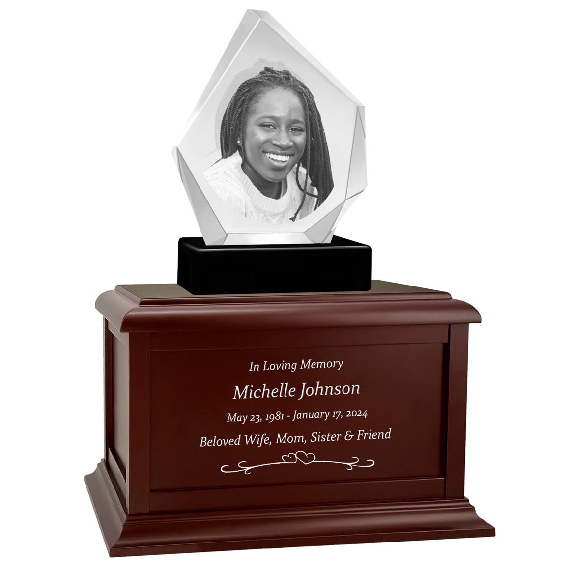 Diamond 3D Crystal Black, Brown or White Keep The Memory® Wood Urn Set - 3D Crystal Photo Engraved Wood Urn