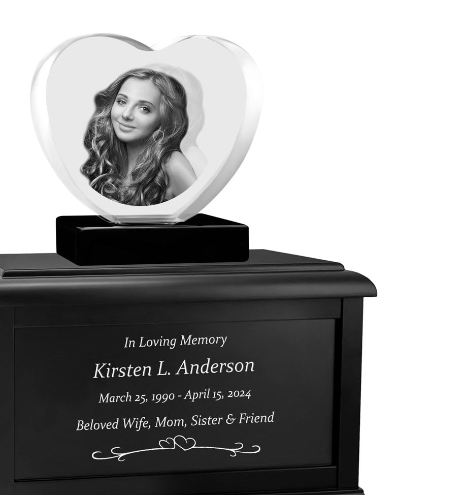 Heart 3D Crystal Black, Brown or White Keep The Memory® Wood Urn Set - 3D Crystal Photo Engraved Wood Urn