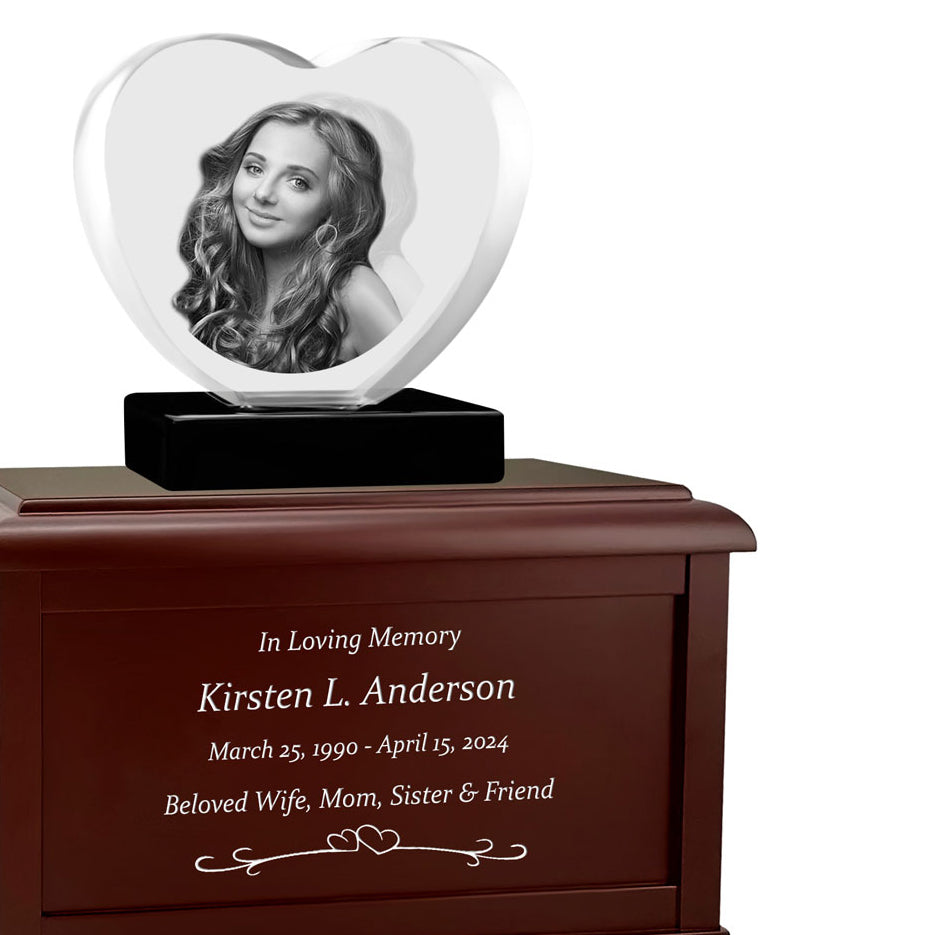 Heart 3D Crystal Black, Brown or White Keep The Memory® Wood Urn Set - 3D Crystal Photo Engraved Wood Urn