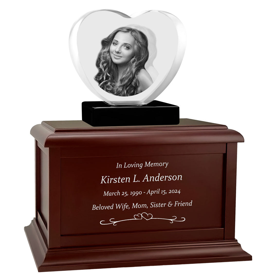 Heart 3D Crystal Black, Brown or White Keep The Memory® Wood Urn Set - 3D Crystal Photo Engraved Wood Urn