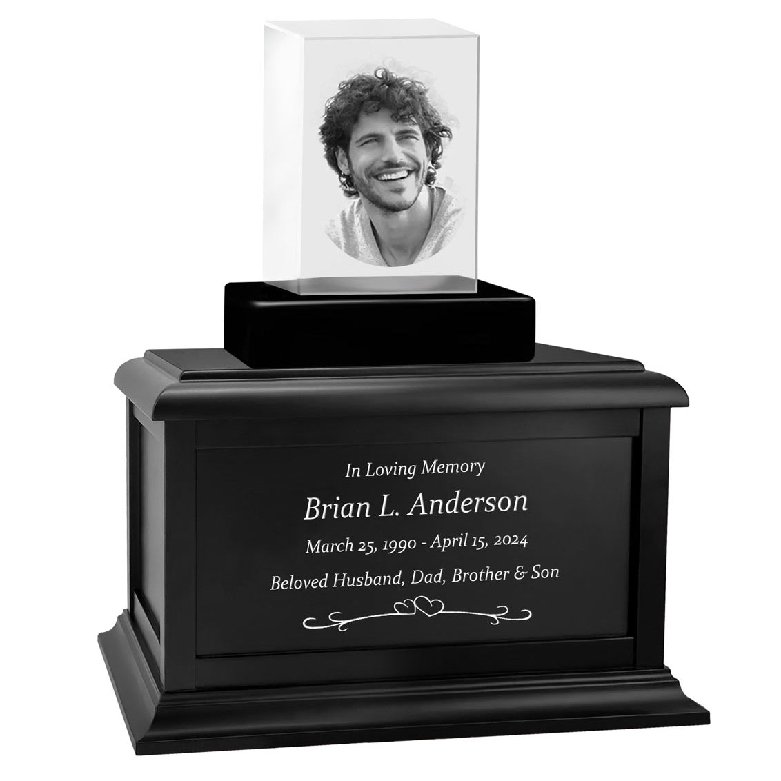 Rectangle 3D Crystal Black, Brown or White Keep The Memory® Wood Urn Set - 3D Crystal Photo Engraved Wood Urn