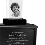 Rectangle 3D Crystal Black, Brown or White Keep The Memory® Wood Urn Set - 3D Crystal Photo Engraved Wood Urn