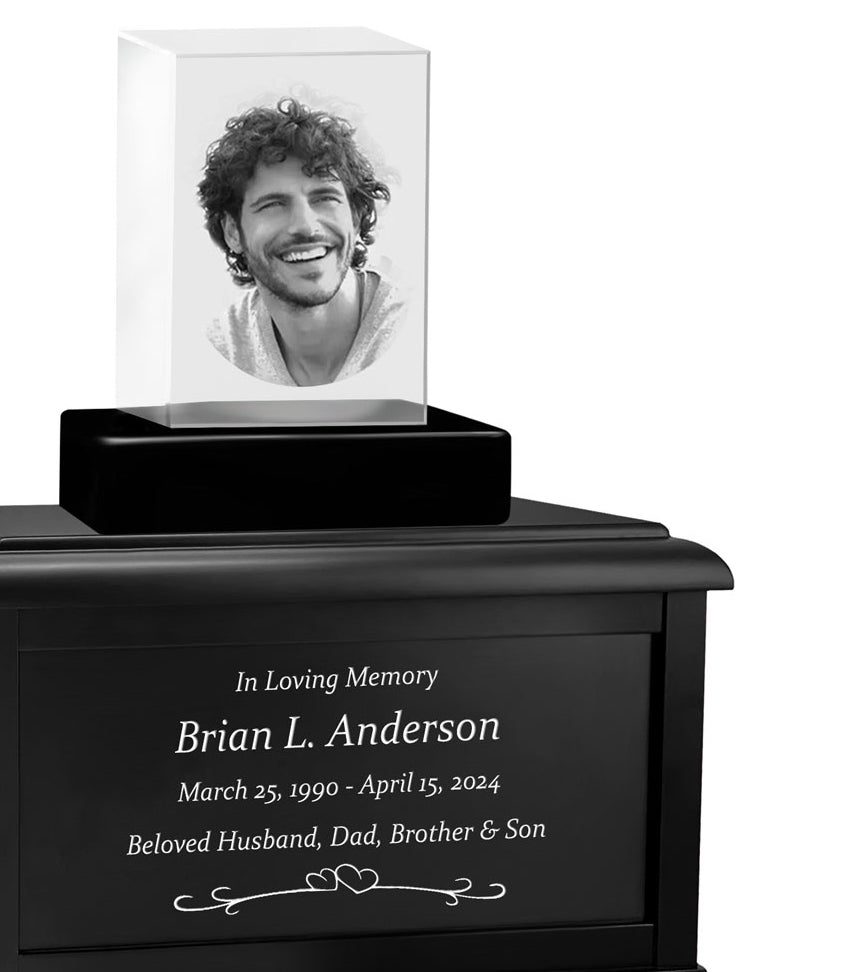 Rectangle 3D Crystal Black, Brown or White Keep The Memory® Wood Urn Set - 3D Crystal Photo Engraved Wood Urn