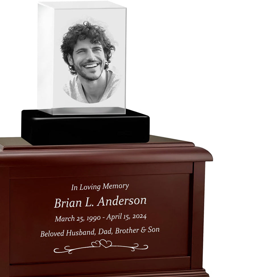 Rectangle 3D Crystal Black, Brown or White Keep The Memory® Wood Urn Set - 3D Crystal Photo Engraved Wood Urn