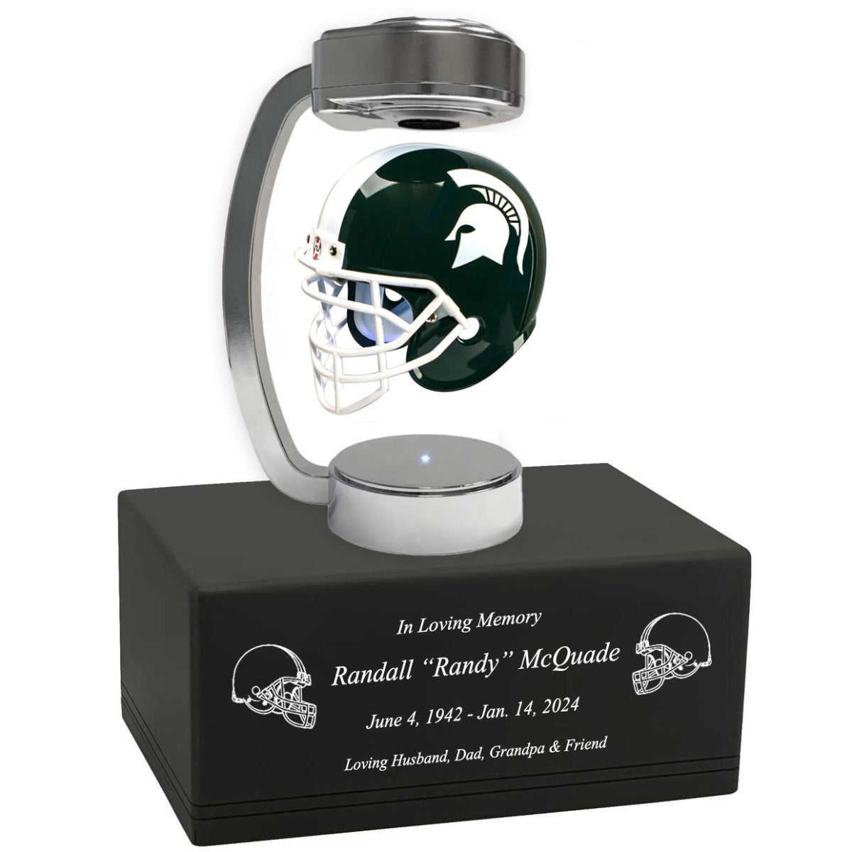 Football Adult or Medium Cremation Urn & Michigan State Spartans Hover Helmet Décor - Free Engraving