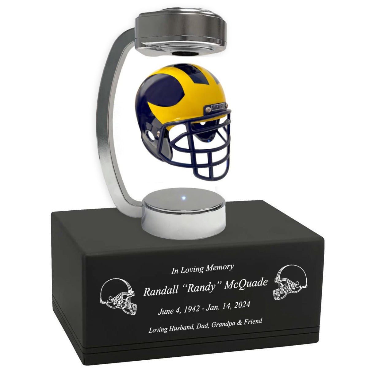 Football Adult or Medium Cremation Urn & University of Michigan Wolverines Hover Helmet Décor - Free Engraving