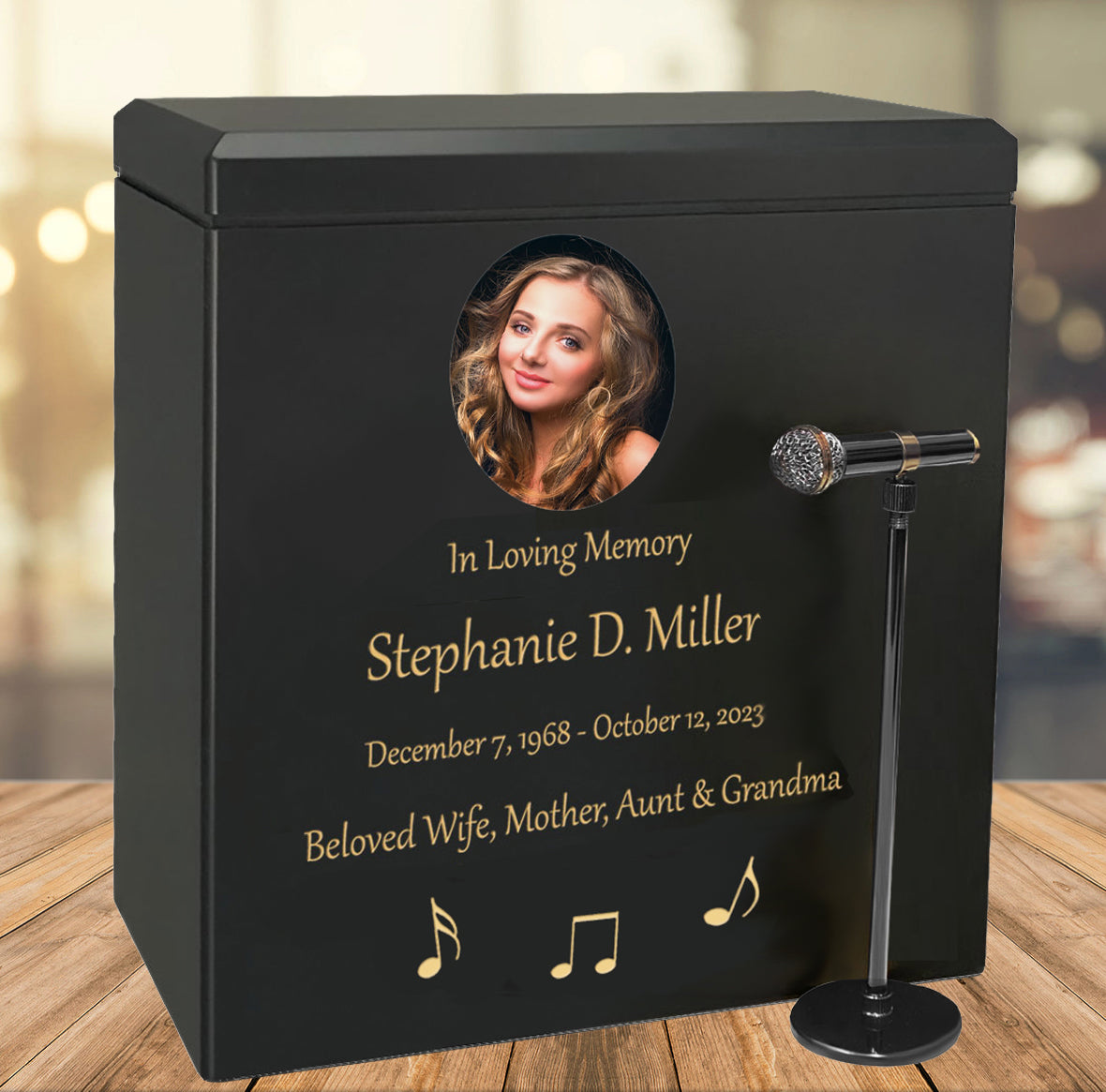 Microphone & Stand Wood Adult Cremation Urn - Photo Option