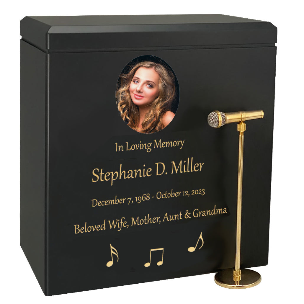 Microphone & Stand Wood Adult Cremation Urn - Photo Option
