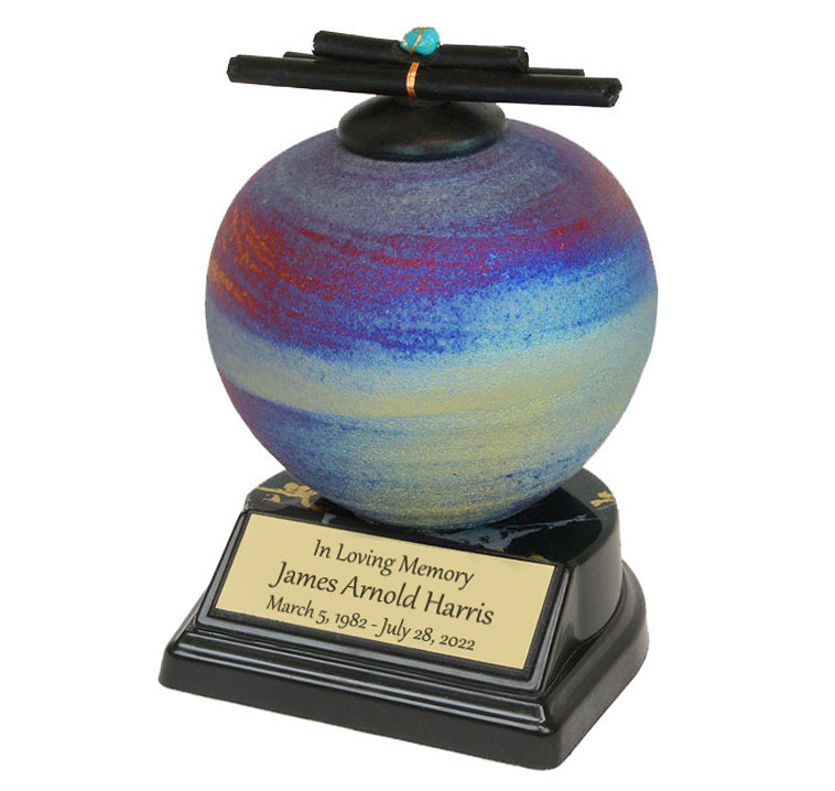 Raku Sticks & Stones Keepsake Urn & Engraved Stand