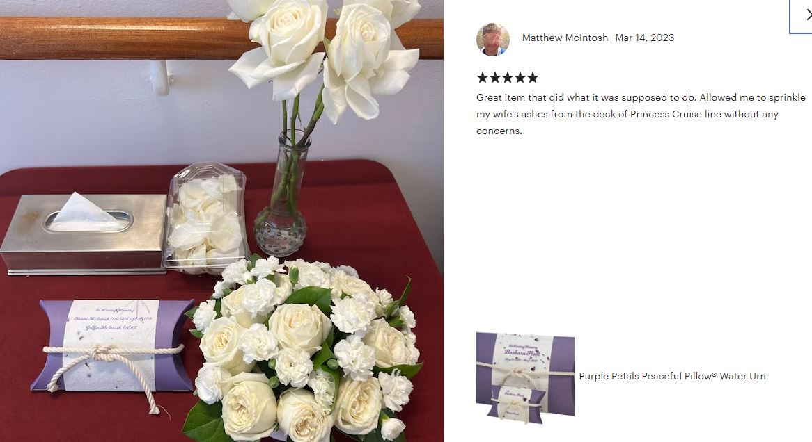 Purple Petals Peaceful Pillow® Water Burial Cremation Urn - Biodegradable Water Burial At Sea Urn - Wide River Urn