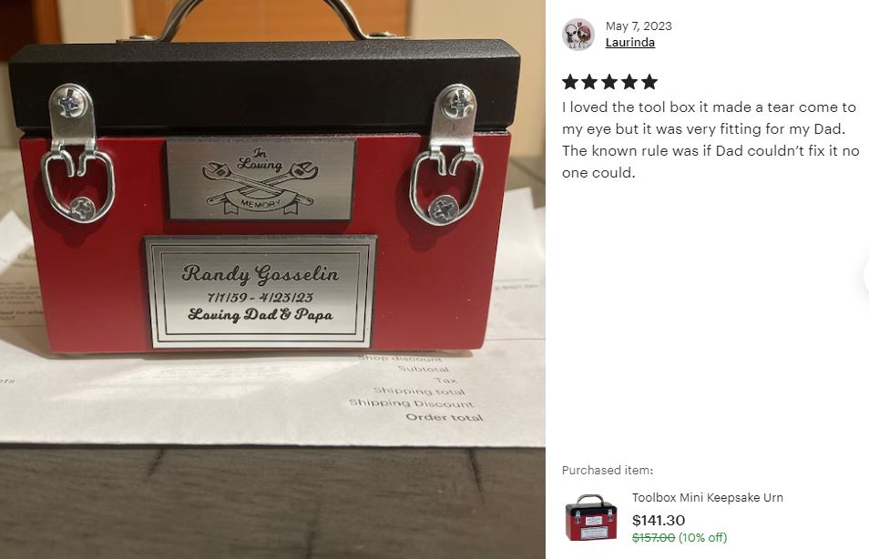 Toolbox Red Keepsake Urn -  Free Crossed Wrenches or Hammers Plate 