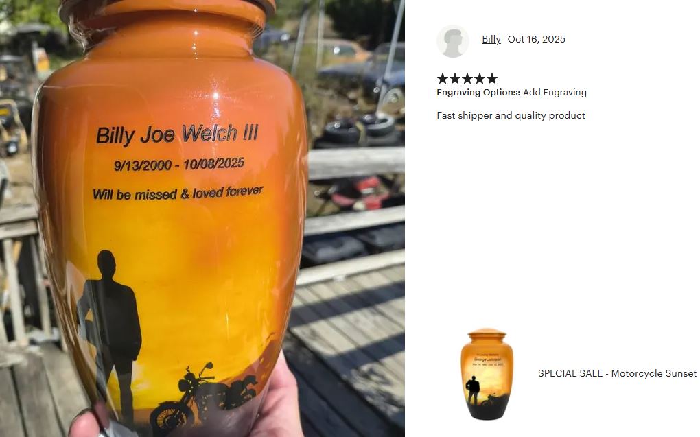 Motorcycle Rider Silhouette Medium or Adult Cremation Urn - Tribute Wreath™ - Pro Personalization - Burial Vault Option