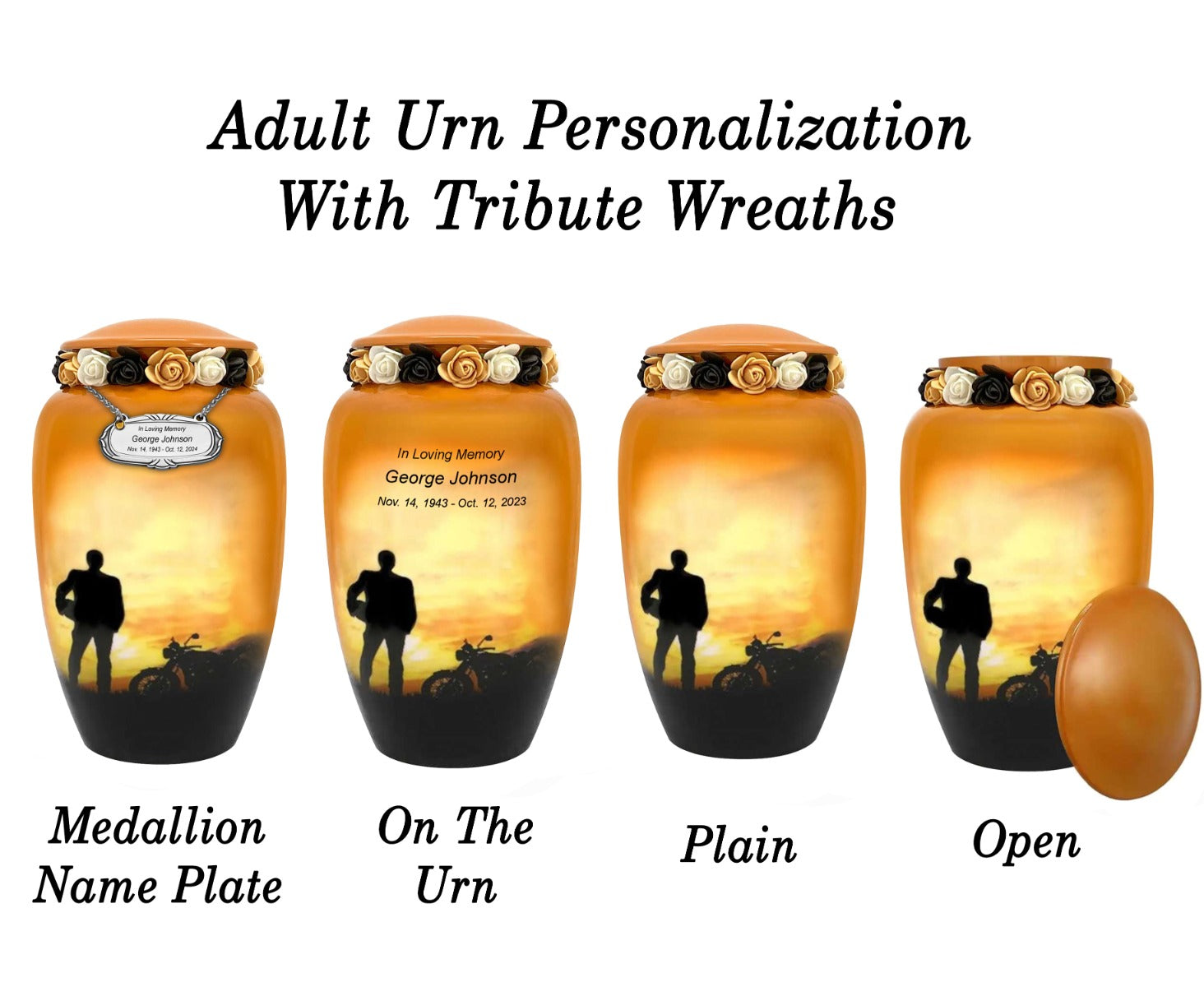 Motorcycle Rider Silhouette Medium or Adult Cremation Urn - Tribute Wreath™ - Pro Personalization - Burial Vault Option