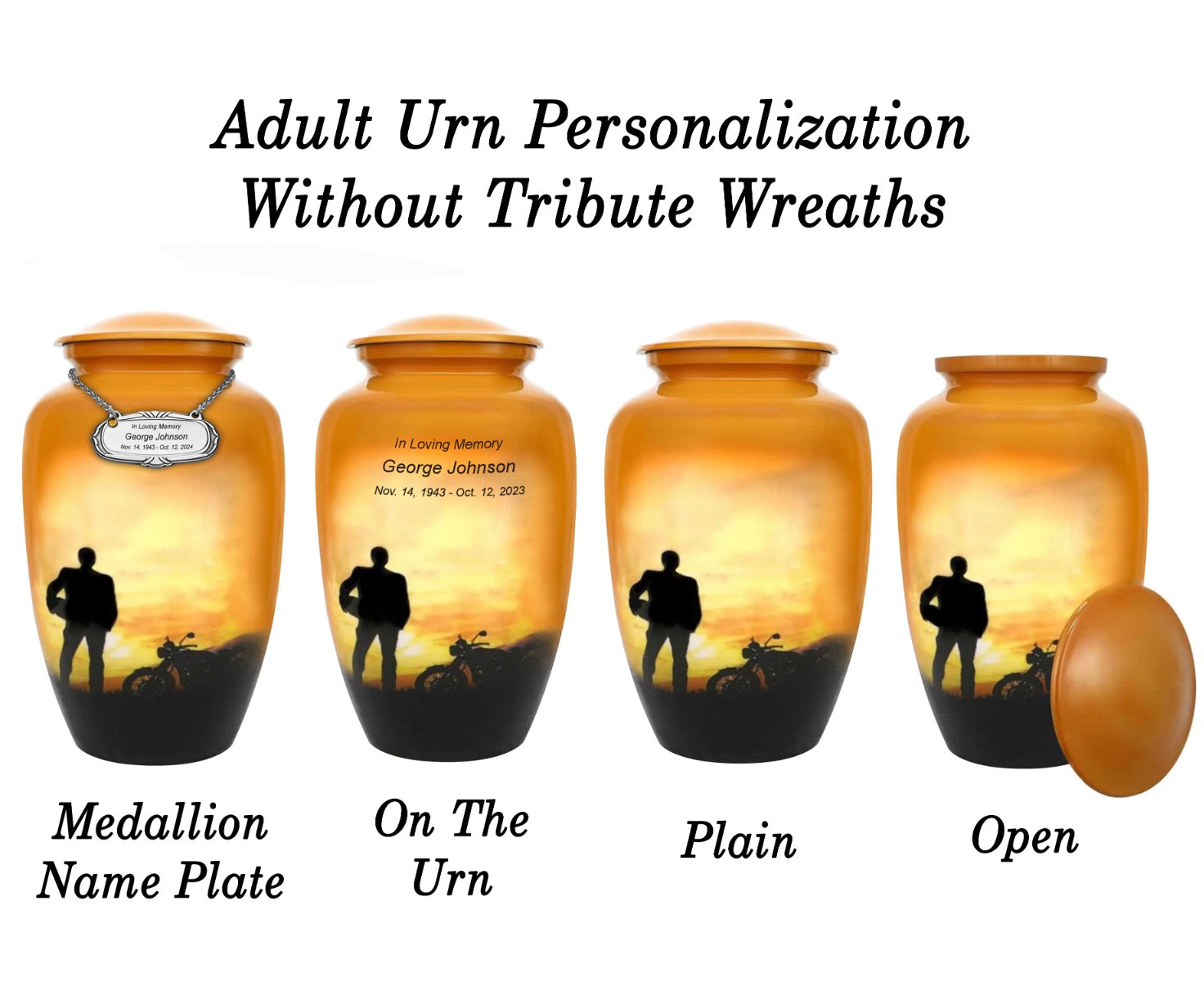 Motorcycle Rider Silhouette Medium or Adult Cremation Urn - Tribute Wreath™ - Pro Personalization - Burial Vault Option