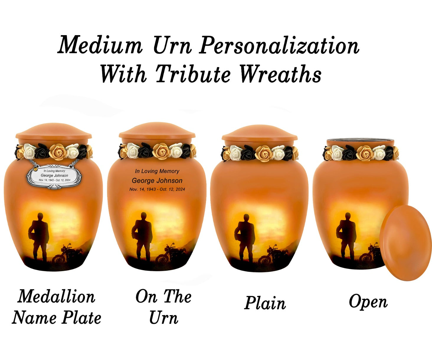 Motorcycle Rider Silhouette Medium or Adult Cremation Urn - Tribute Wreath™ - Pro Personalization - Burial Vault Option