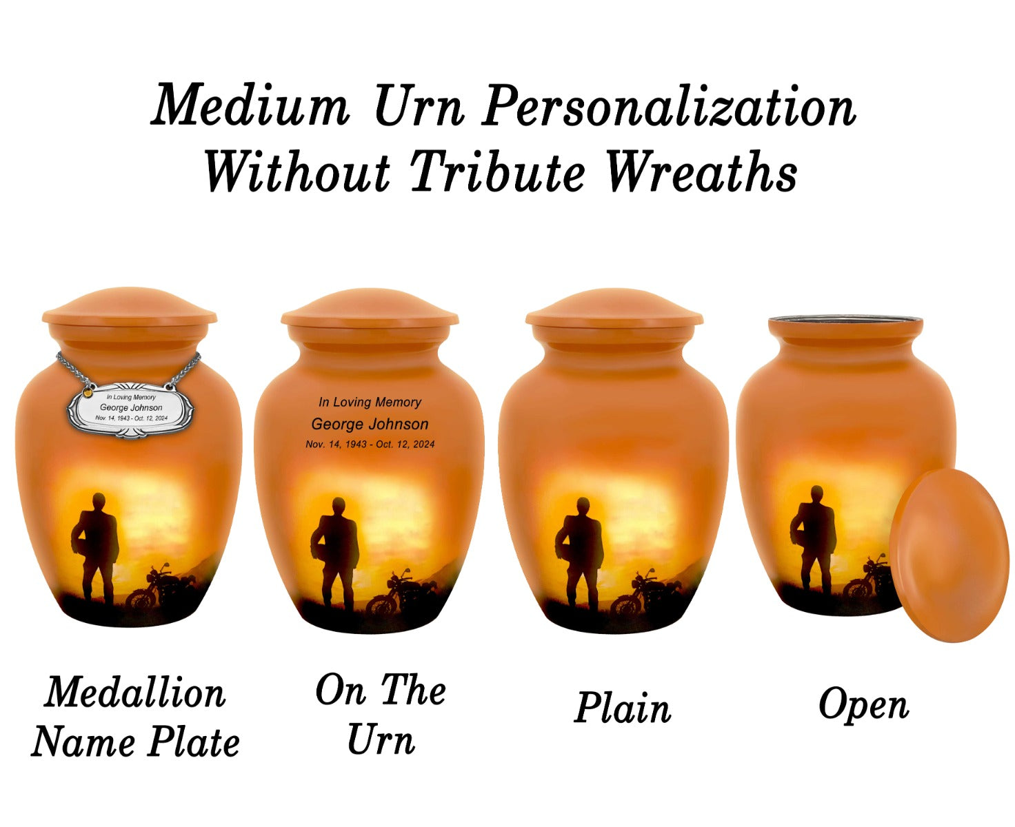 Motorcycle Rider Silhouette Medium or Adult Cremation Urn - Tribute Wreath™ - Pro Personalization - Burial Vault Option
