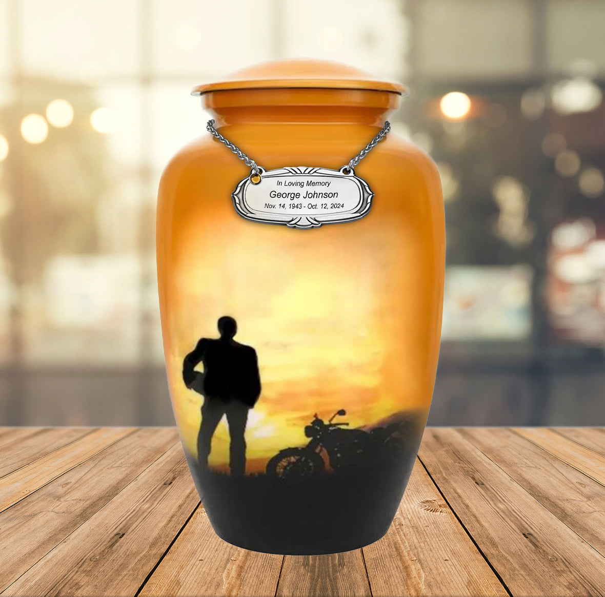 Motorcycle Rider Silhouette Medium or Adult Cremation Urn - Tribute Wreath™ - Pro Personalization - Burial Vault Option