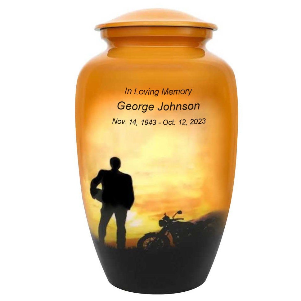 Motorcycle Rider Silhouette Medium or Adult Cremation Urn - Tribute Wreath™ - Pro Personalization - Burial Vault Option