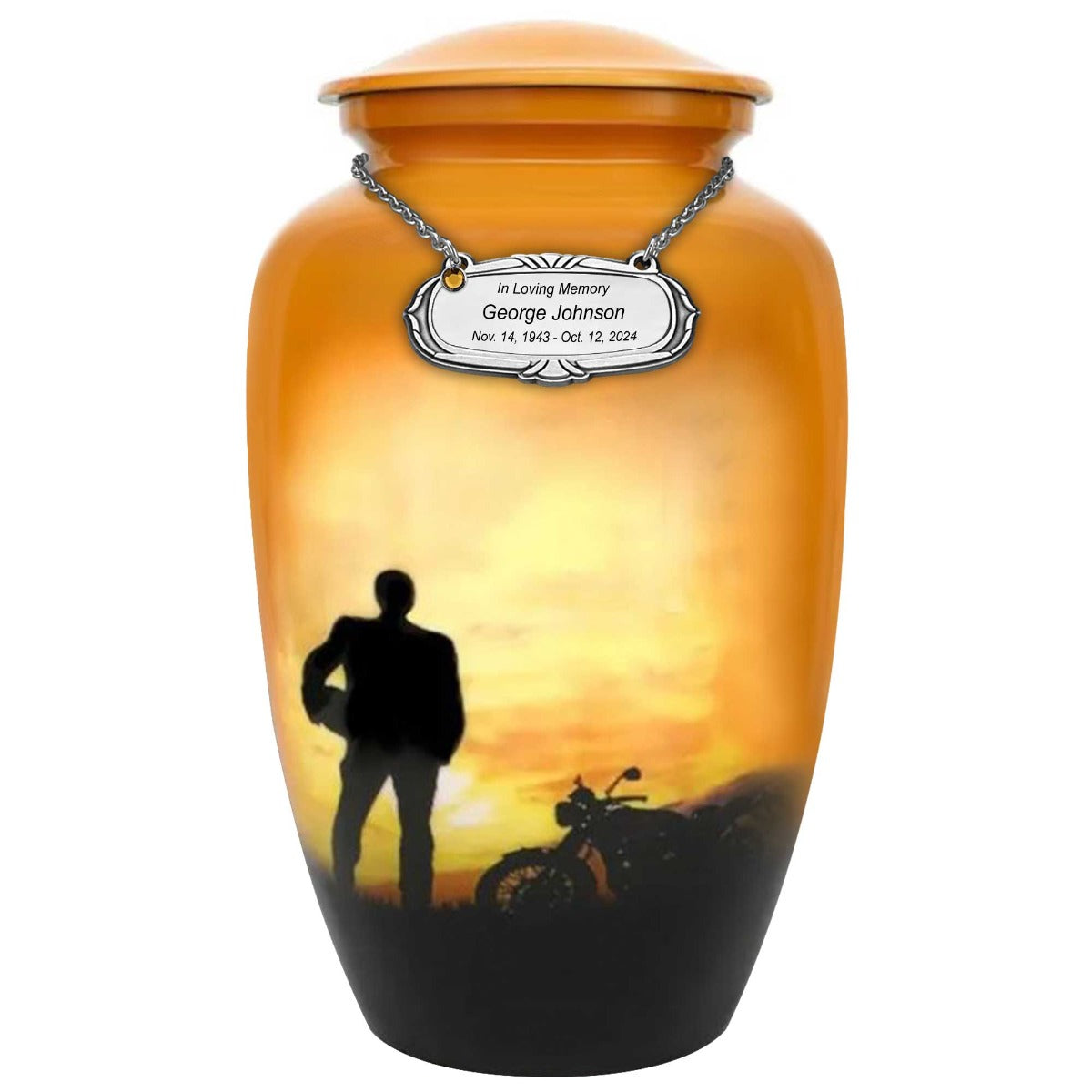 Motorcycle Rider Silhouette Medium or Adult Cremation Urn - Tribute Wreath™ - Pro Personalization - Burial Vault Option
