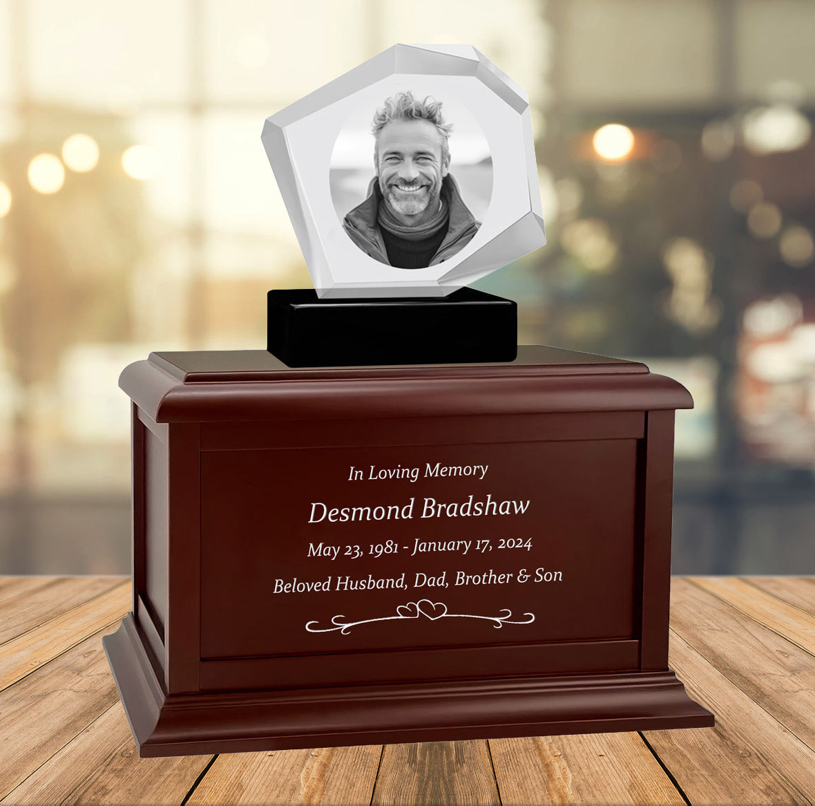 Mountain 3D Crystal Black, Brown or White Keep The Memory® Wood Urn Set - 3D Crystal Photo Engraved Wood Urn