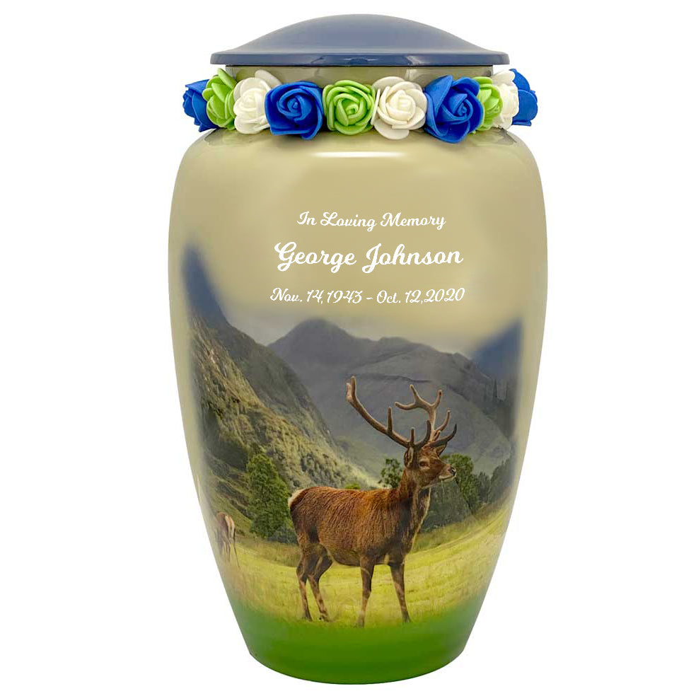Mountainside Deer Cremation Urn - Tribute Wreath™ - Pro Sand Carved Engraving