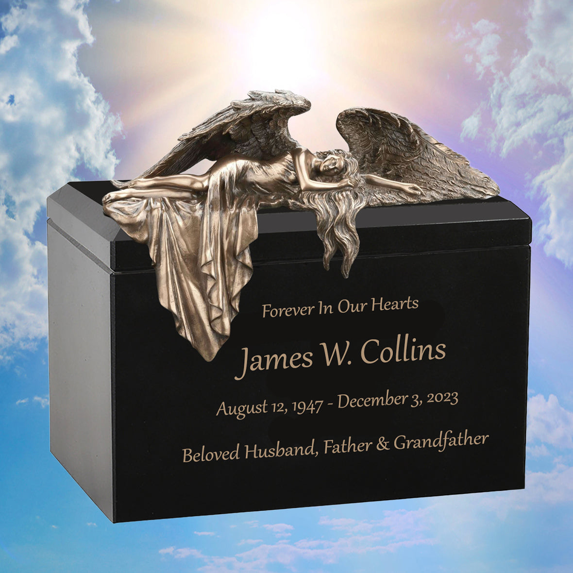 Mourning Angel Wood Cremation Urn - Adult Angel Urn - Personalized Engraving - Burial Vault Option