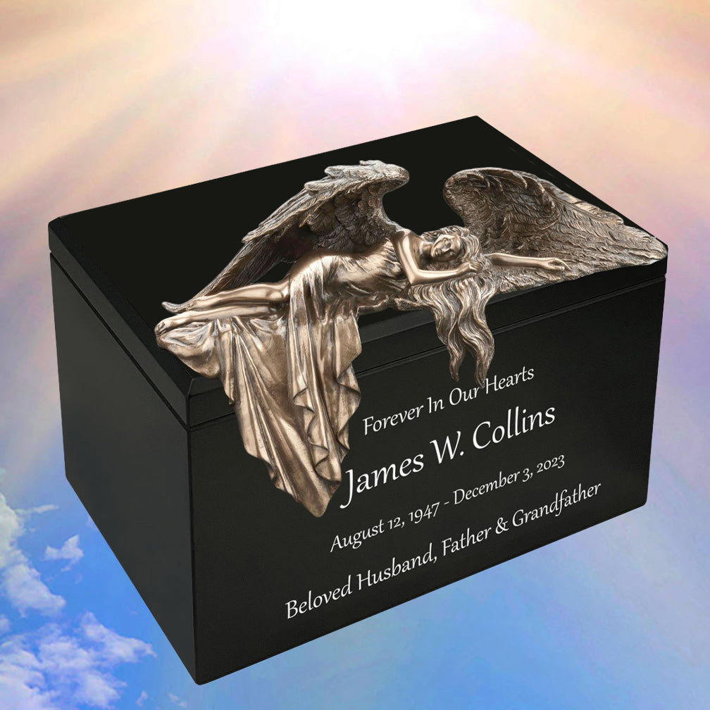 Mourning Angel Wood Cremation Urn - Adult Angel Urn - Personalized Engraving - Burial Vault Option