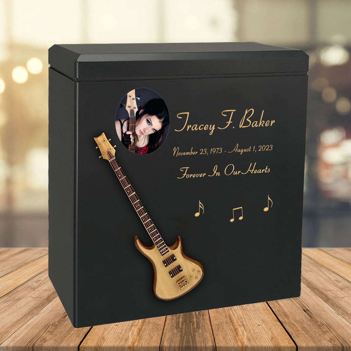 Natural Wood Bass Electric Guitar Wood Adult Cremation Urn - Miniature Guitar - Photo Option