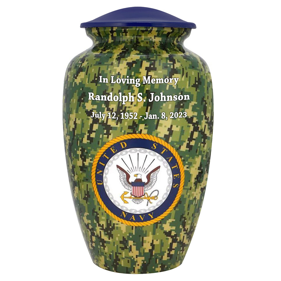 US Navy Camouflage Cremation Urn - Tribute Wreath™ Option - Pro Sand Carved Engraving