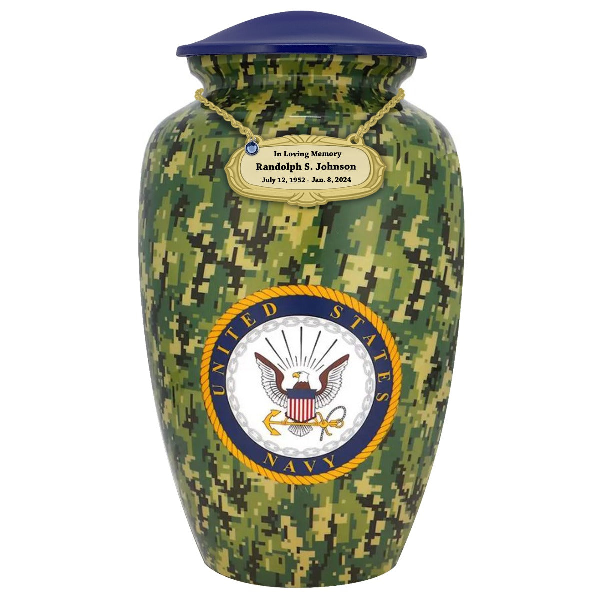 US Navy Camouflage Cremation Urn - Tribute Wreath™ Option - Pro Sand Carved Engraving