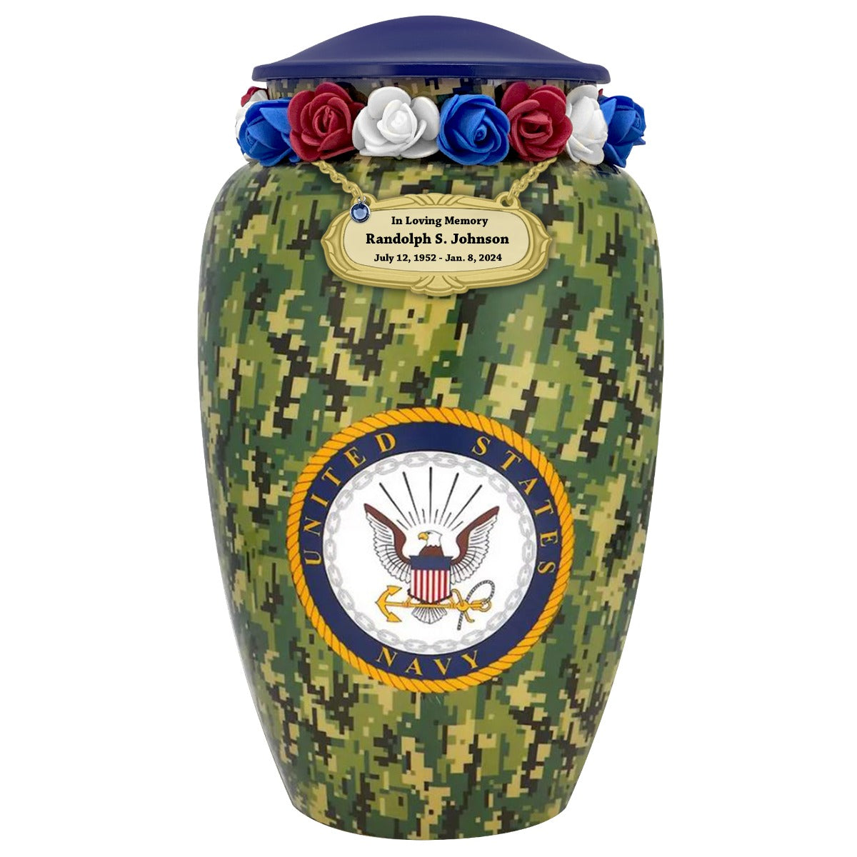 US Navy Camouflage Cremation Urn - Tribute Wreath™ Option - Pro Sand Carved Engraving