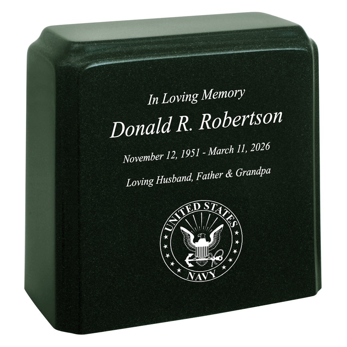 United States Navy Cultured Marble Niche Cremation Urn - 12 Color Choices - Vault Option