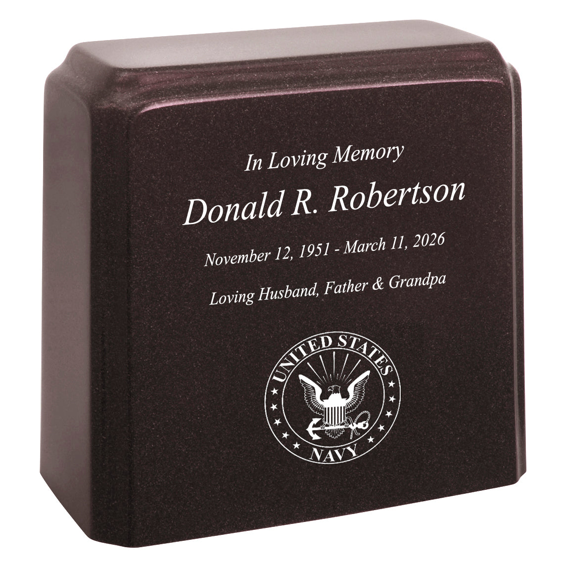 United States Navy Cultured Marble Niche Cremation Urn - 12 Color Choices - Vault Option