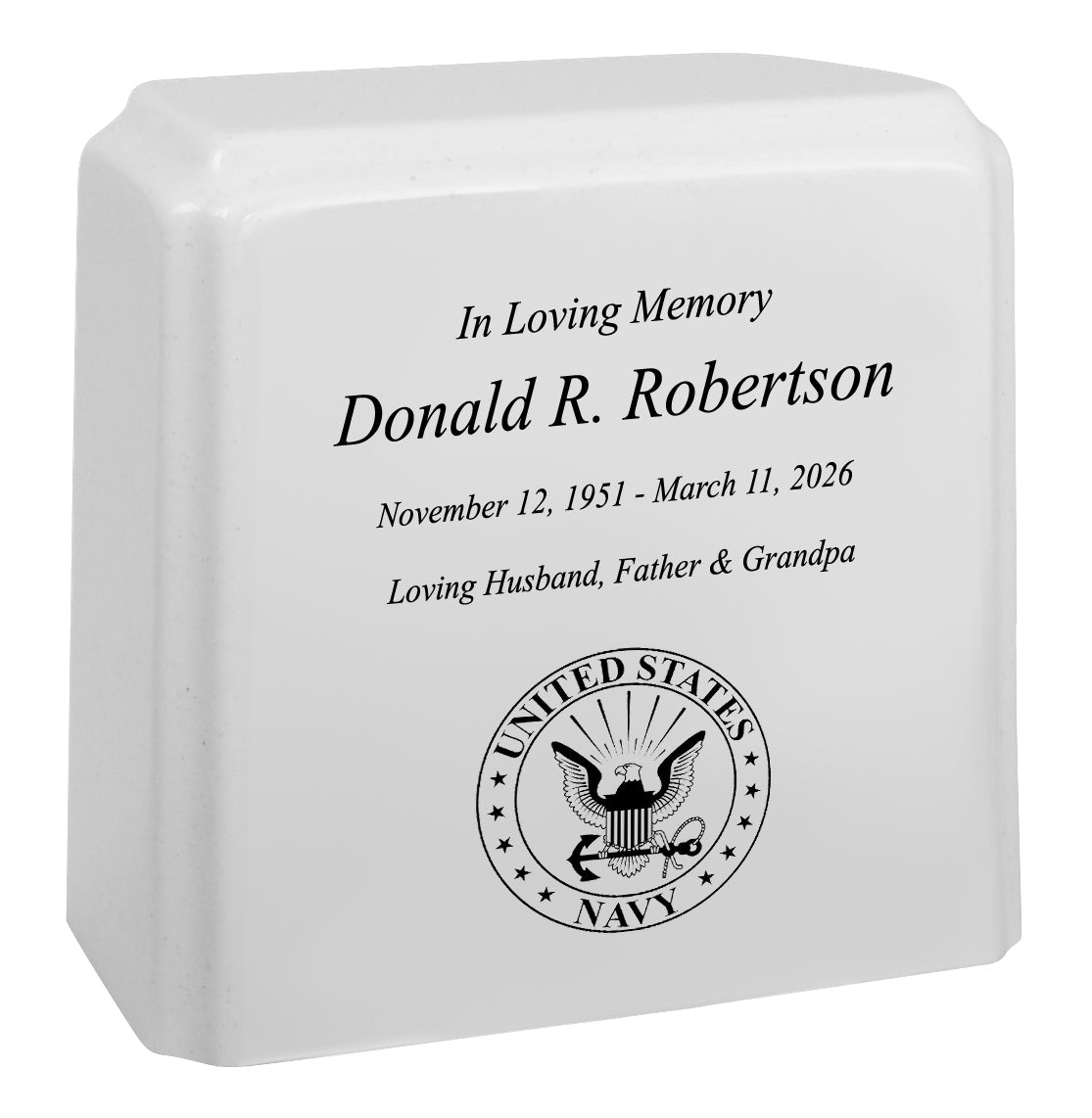 United States Navy Cultured Marble Niche Cremation Urn - 12 Color Choices - Vault Option