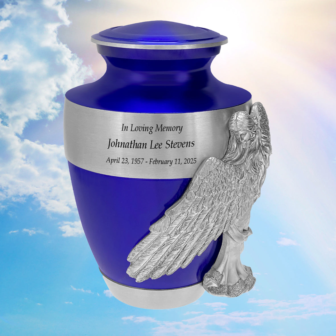 Wings of an Angel Band Blue Adult Urn - Pro Laser Engraving - Burial Vault Option
