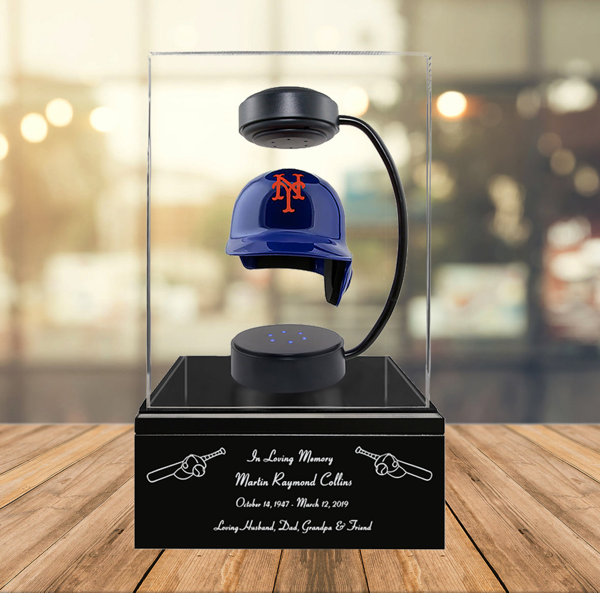 Baseball Cremation Urn & New York Mets Hover Helmet Décor